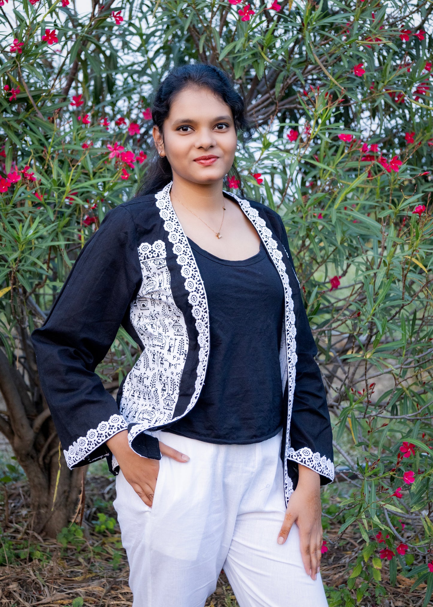 Warli painting block printed black jacket