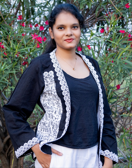 Warli painting block printed black jacket
